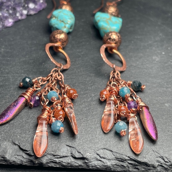 Artisan Turquoise Hand Wired Copper Fringe Dangle Earrings - Picture 10 of 14